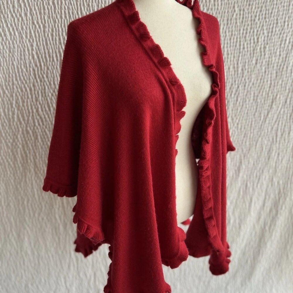 Lombaggi Knitwear Solid Red Ruffle Wrap Knitted Poncho Shawl Womens M/L